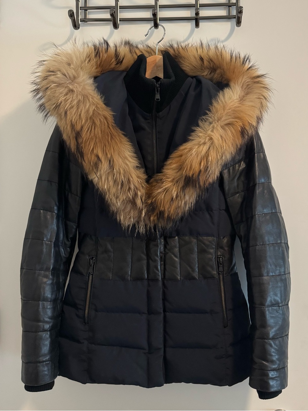 Danier Raccoon Fur Hood Puffer Jacket Black Leather Look 3XS